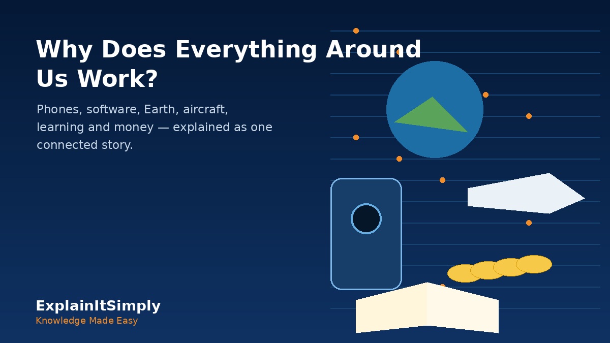 A collection of a phone, Earth, aircraft, coins and an open book representing ExplainItSimply topics.