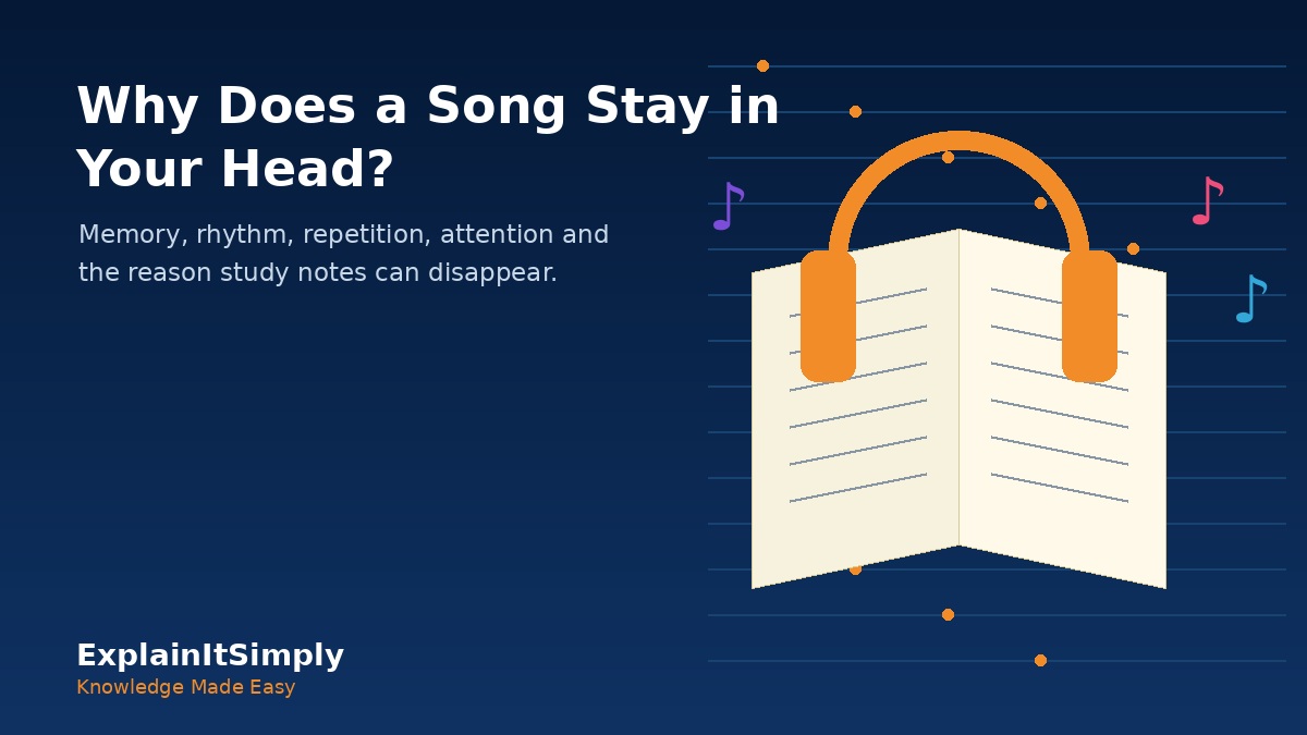 An open book, headphones, music notes and study materials representing memory and learning.