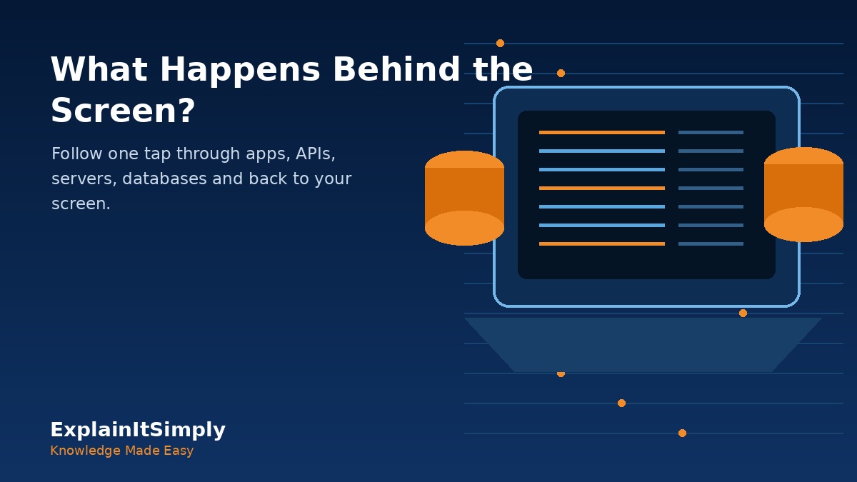 A laptop, database and server symbols showing the hidden software journey behind a button tap.