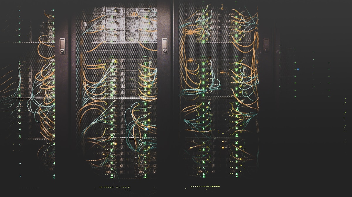 Rows of computer servers that provide computing power for artificial intelligence systems