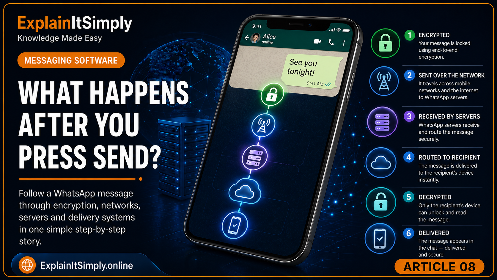 A WhatsApp message travelling through networks and servers